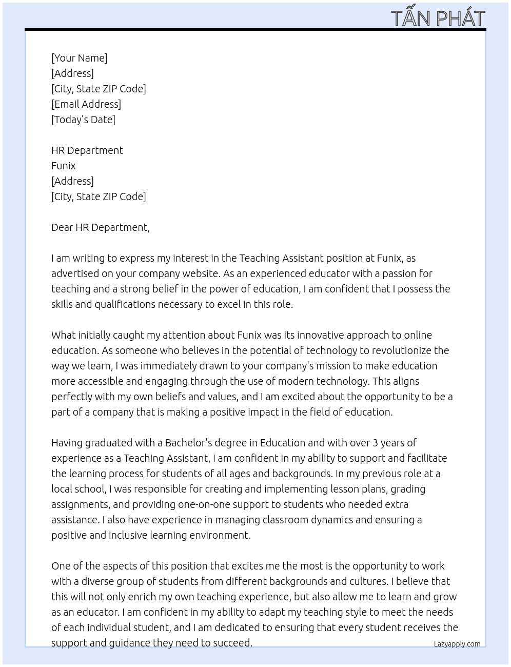 Teaching Assistant At Funix  Cover Letter