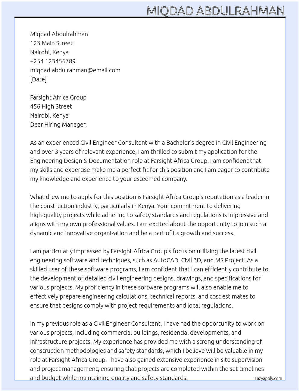 Civil Engineer Consultant At Farsight Africa Group Cover Letter
