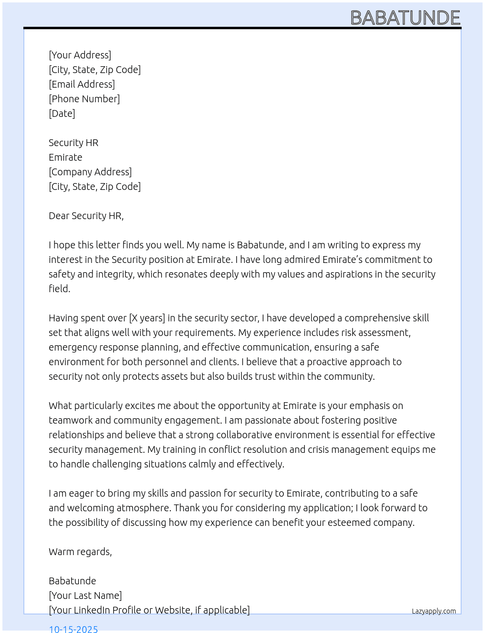 security At Emirate Cover Letter