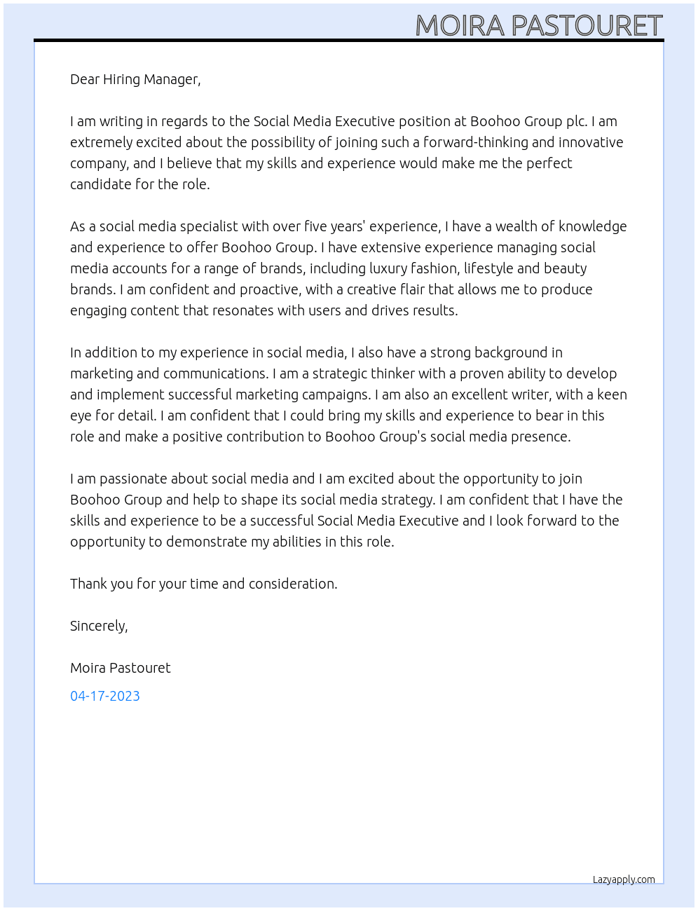 SOCIAL MEDIA EXECUTIVE At BOOHOO GROUP PLC Cover Letter