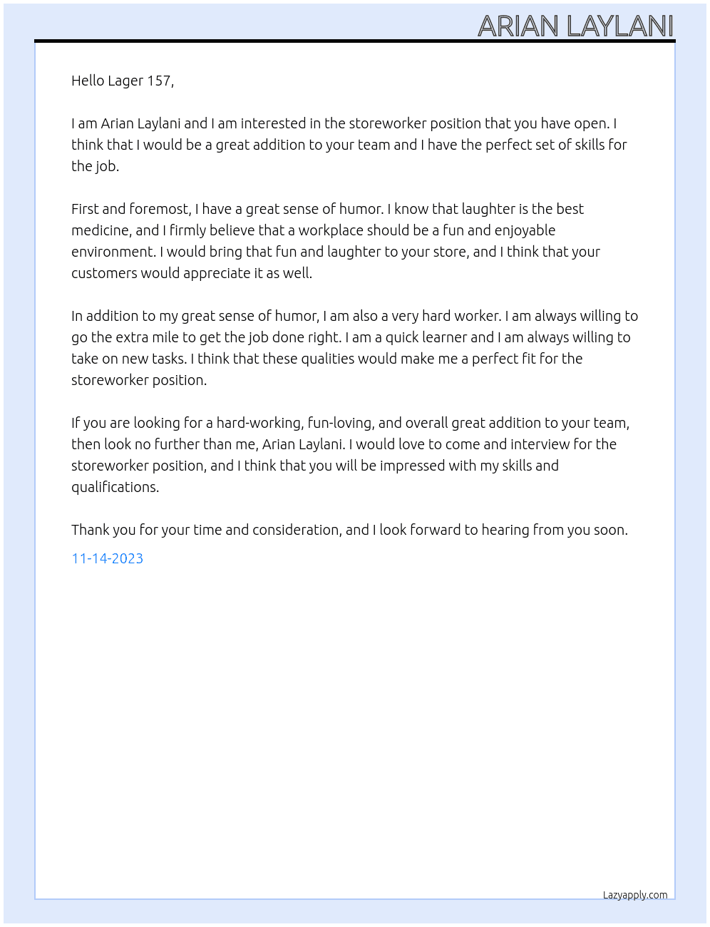 storeworker At lager 157 Cover Letter