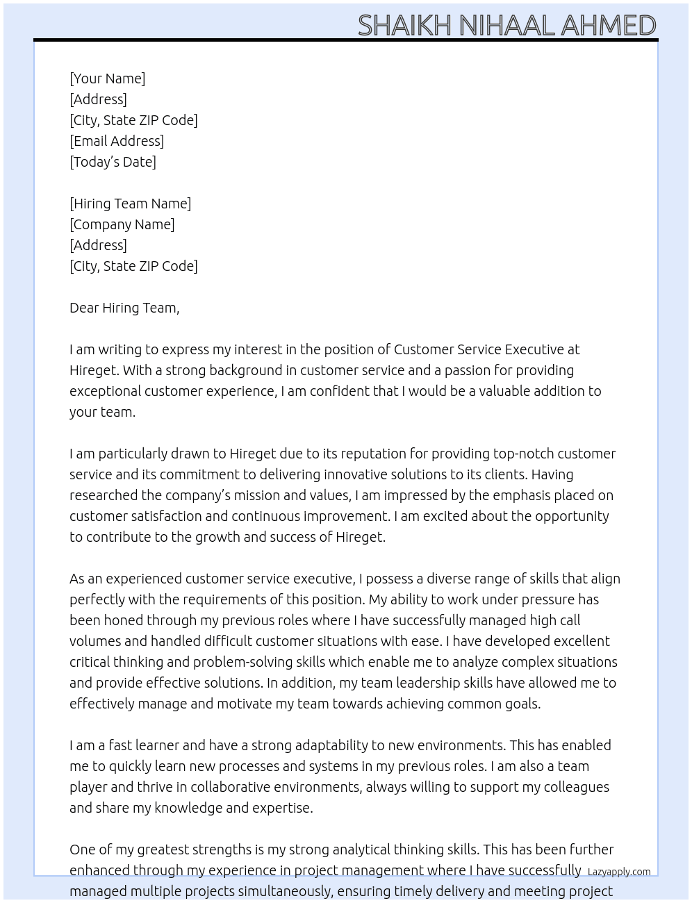 Customer Service Executive At Hireget  Cover Letter