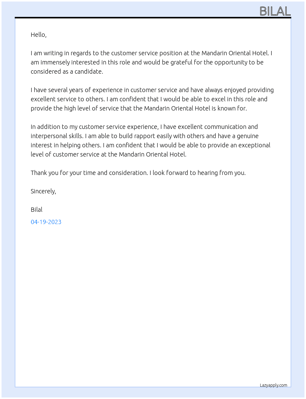 Customer service At mandarin oriental hotel Cover Letter