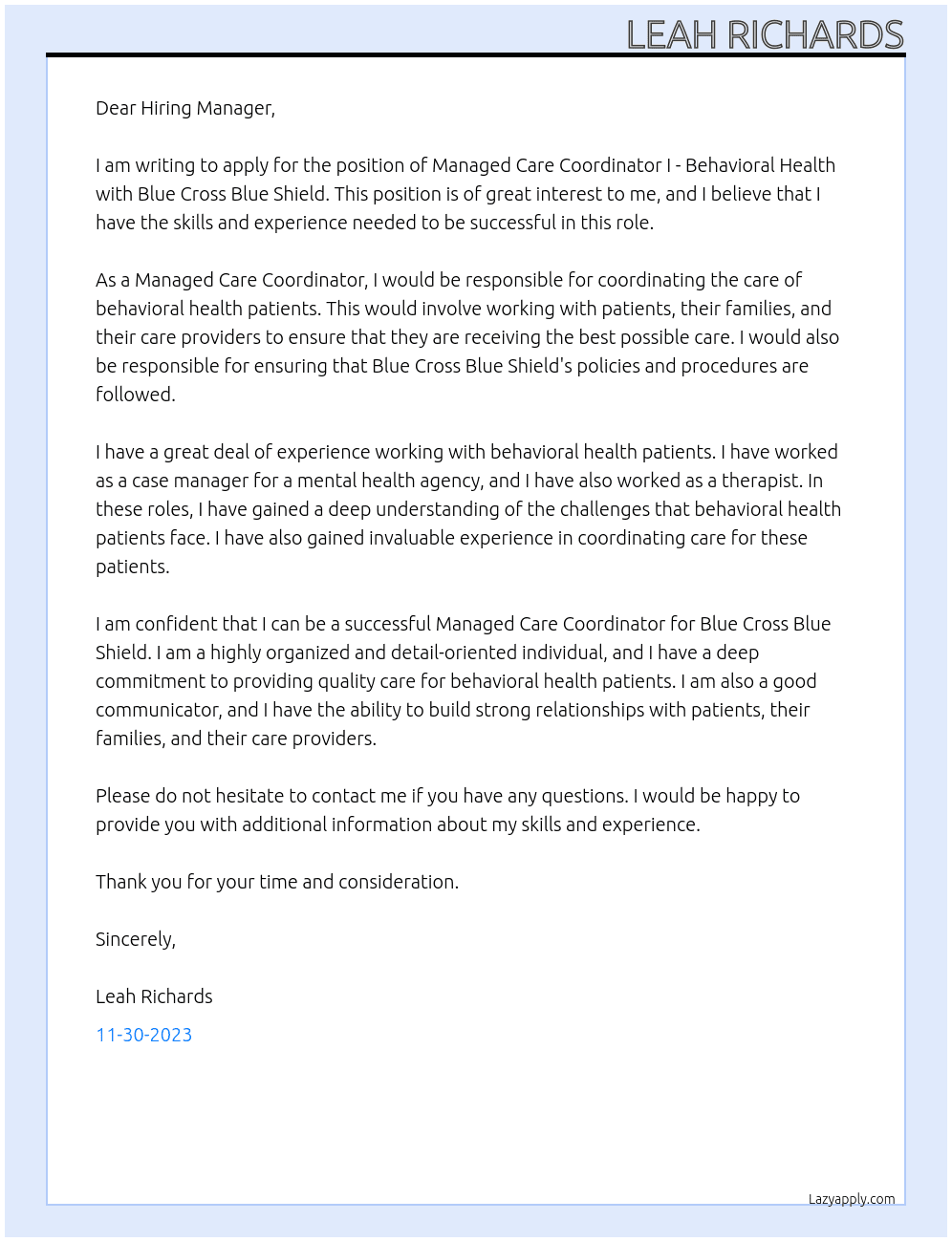 Managed Care Coordinator I - Behavioral Health At Blue Cross Blue Shield  Cover Letter