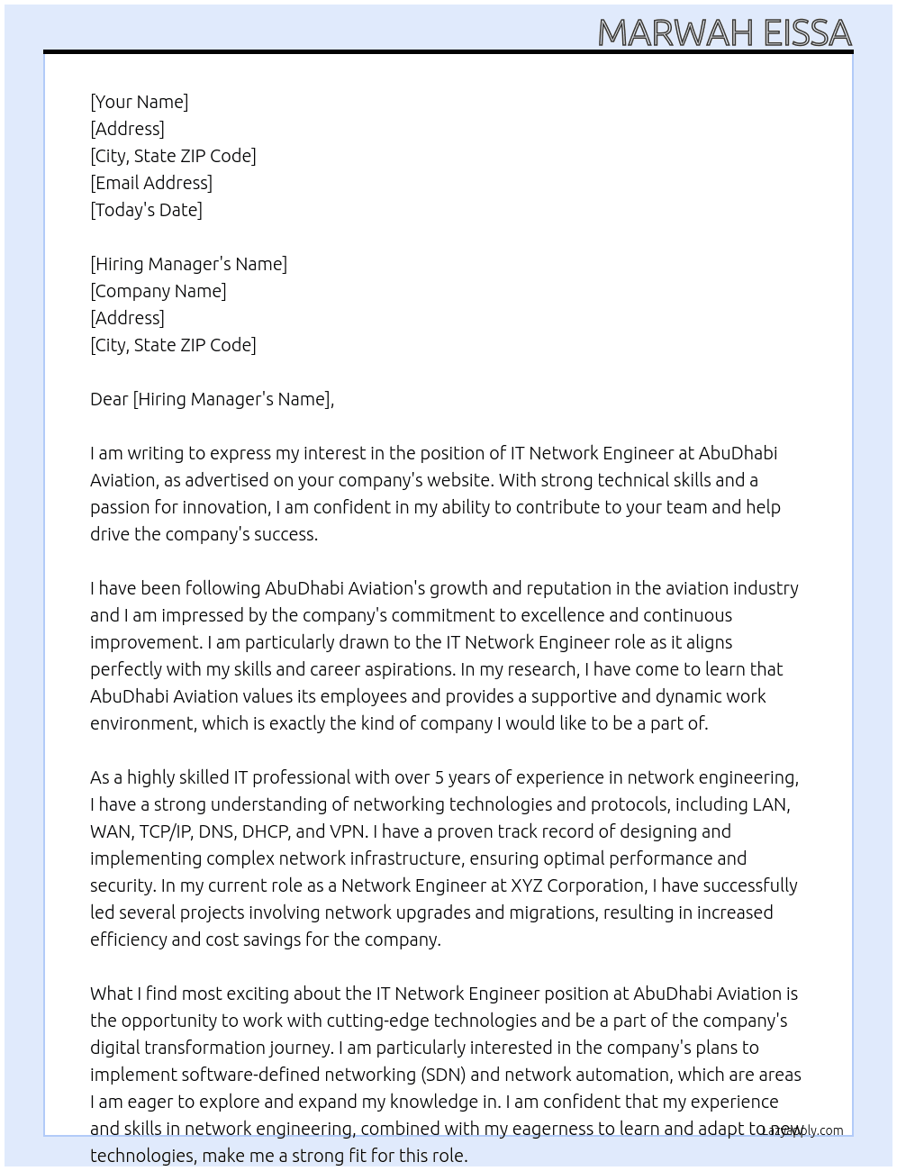 It network engineer At AbuDhabi Aviation  Cover Letter