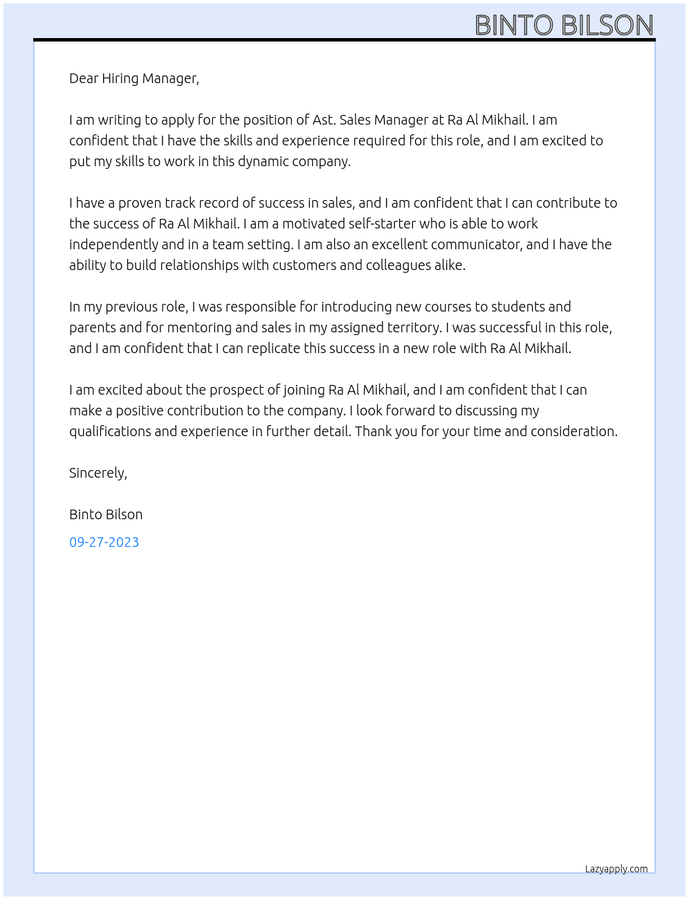 Ast. Sales Manager At Ra Al Mikhail Cover Letter