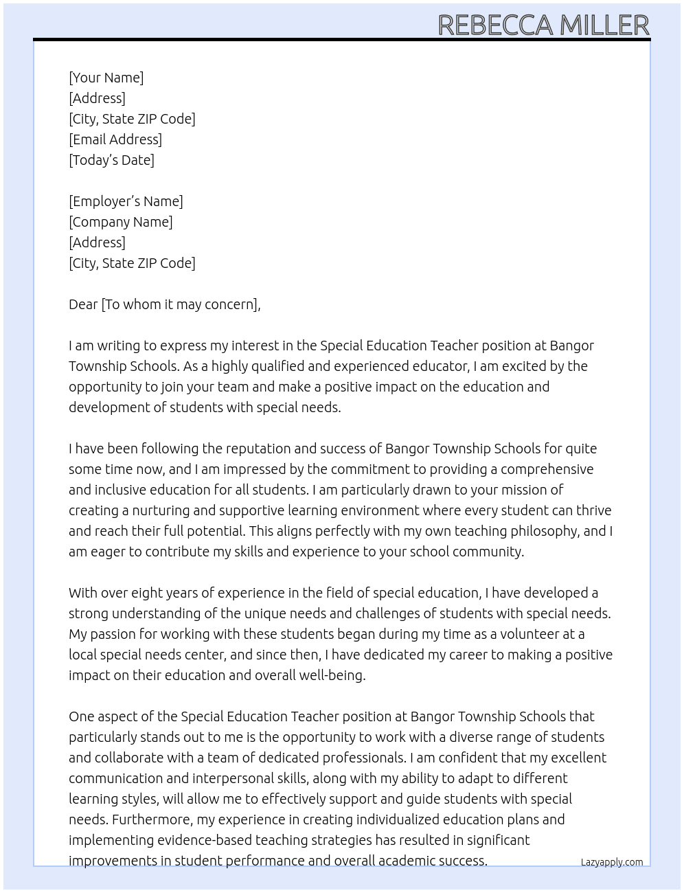 Special Education Teacher At Bangor Township Schools Cover Letter