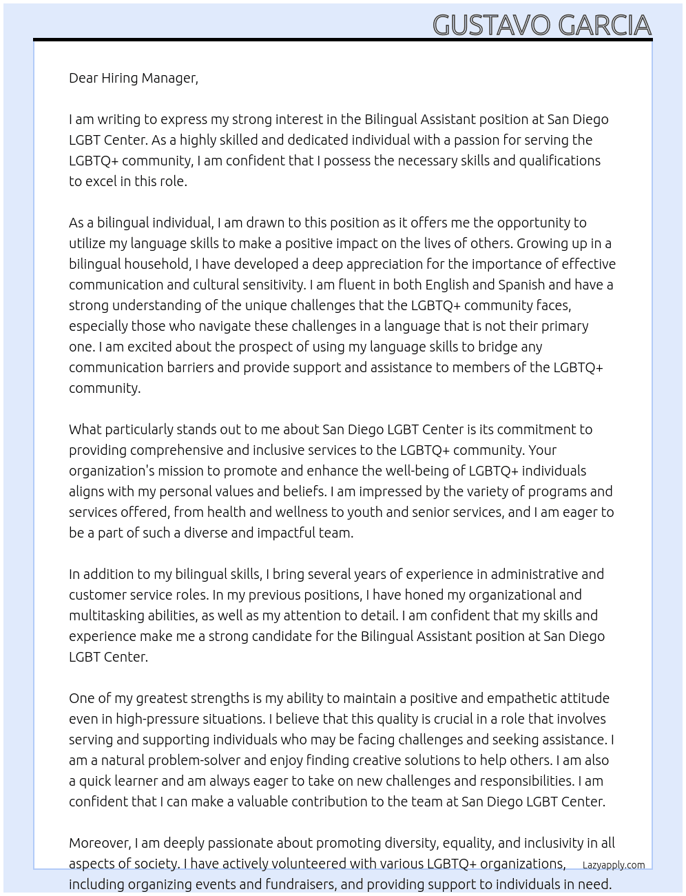 Bilingual Asisstent At San Diego LGBT center Cover Letter
