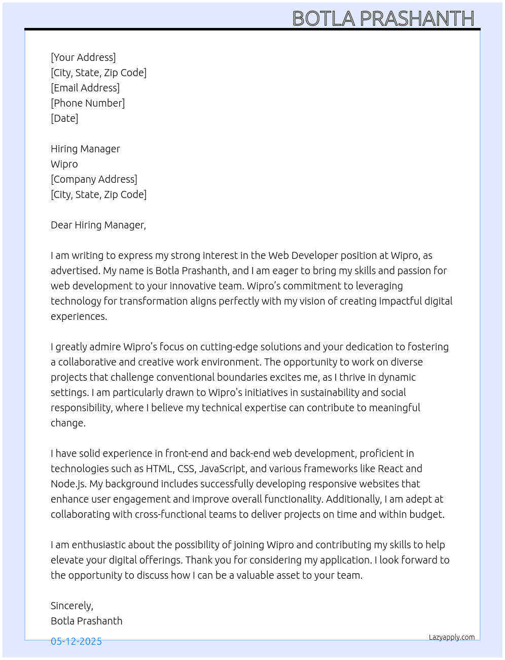 Web developer  At Wipro  Cover Letter