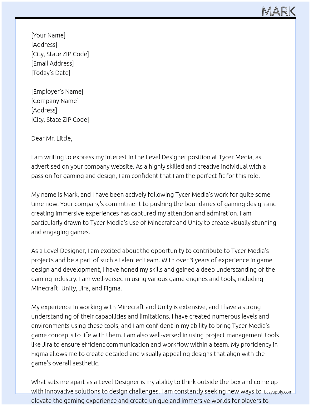 Level Designer At Tycer Media Cover Letter