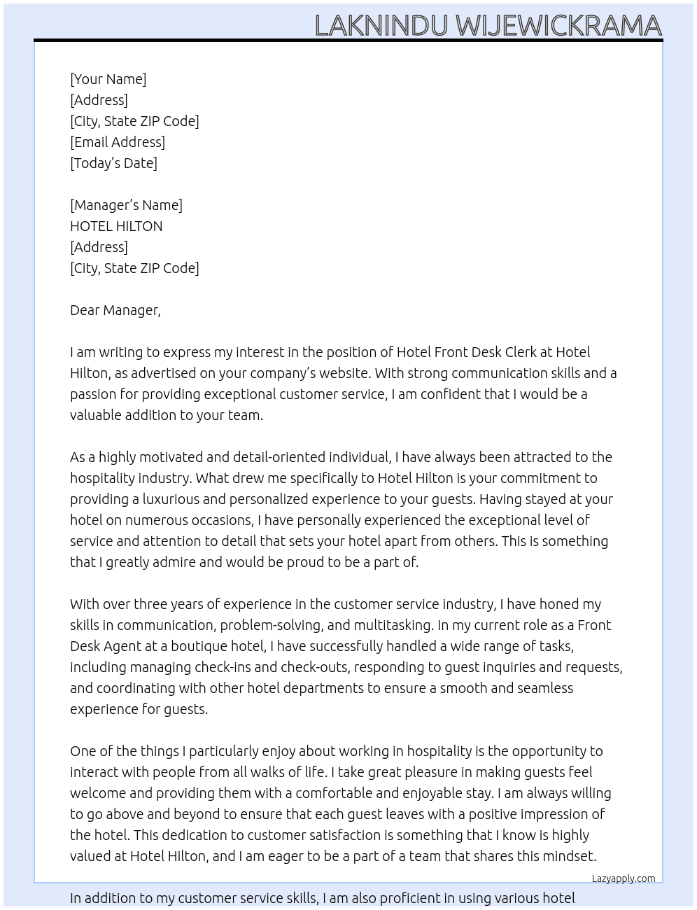 HOTEL FRONT DESK CLEARK At HOTEL HILTON Cover Letter