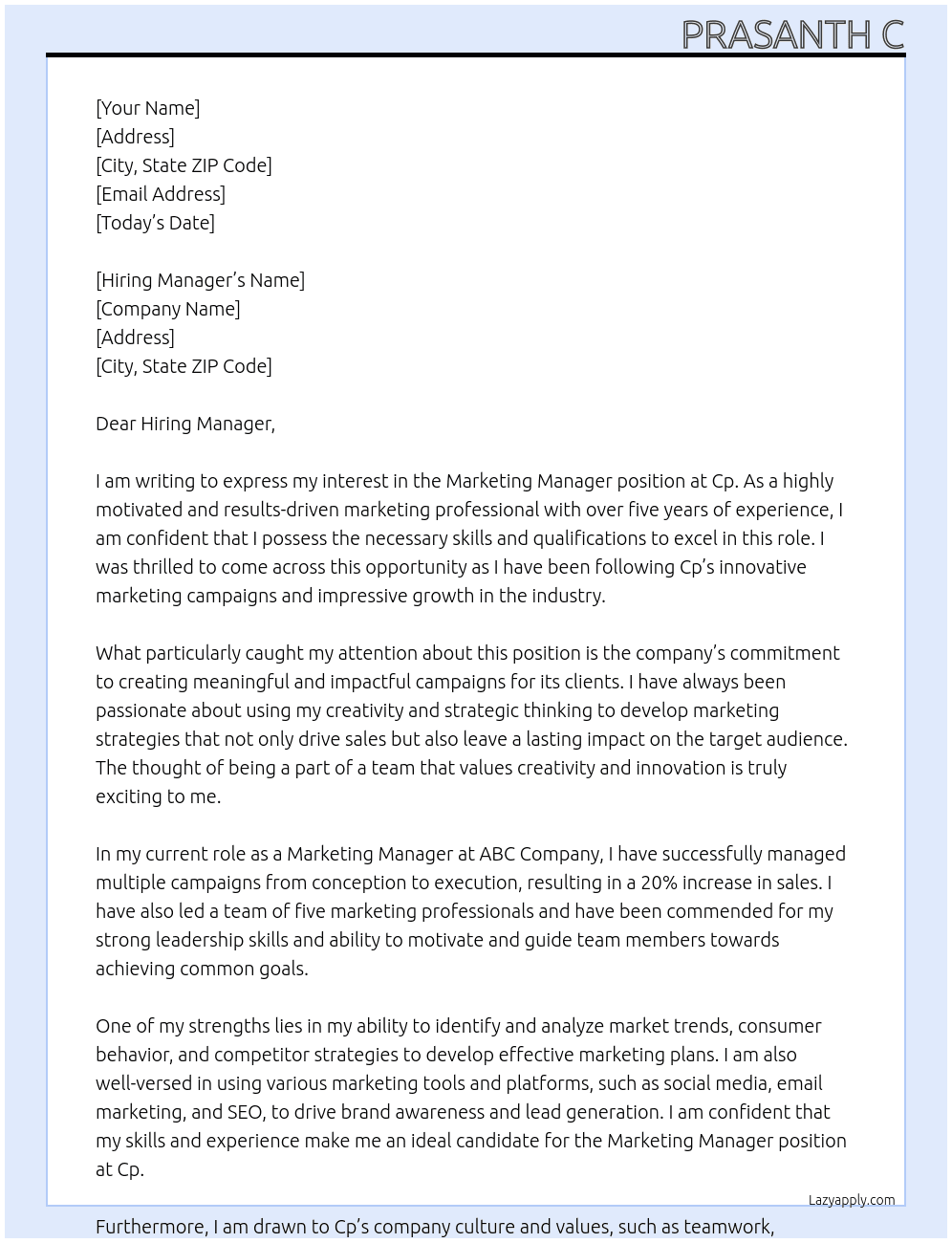 Marketing manager At Cp Cover Letter