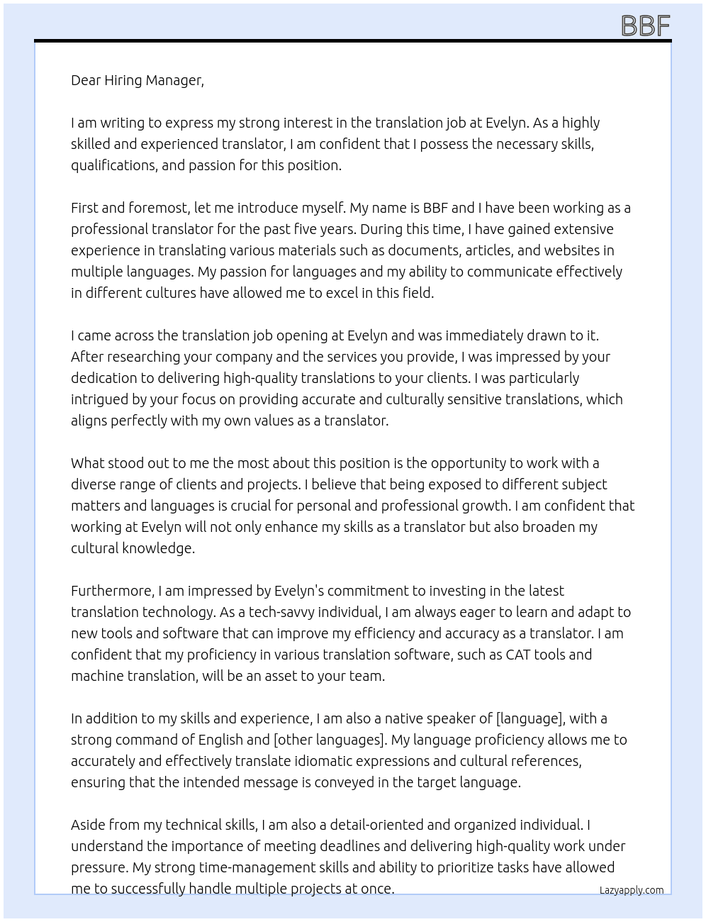 translation job At evelyn Cover Letter