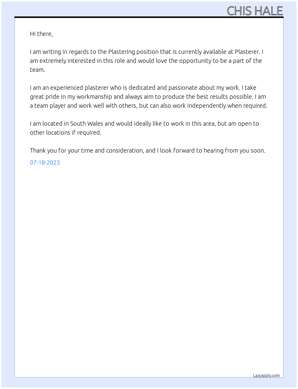 Plastering At Plasterer  Cover Letter