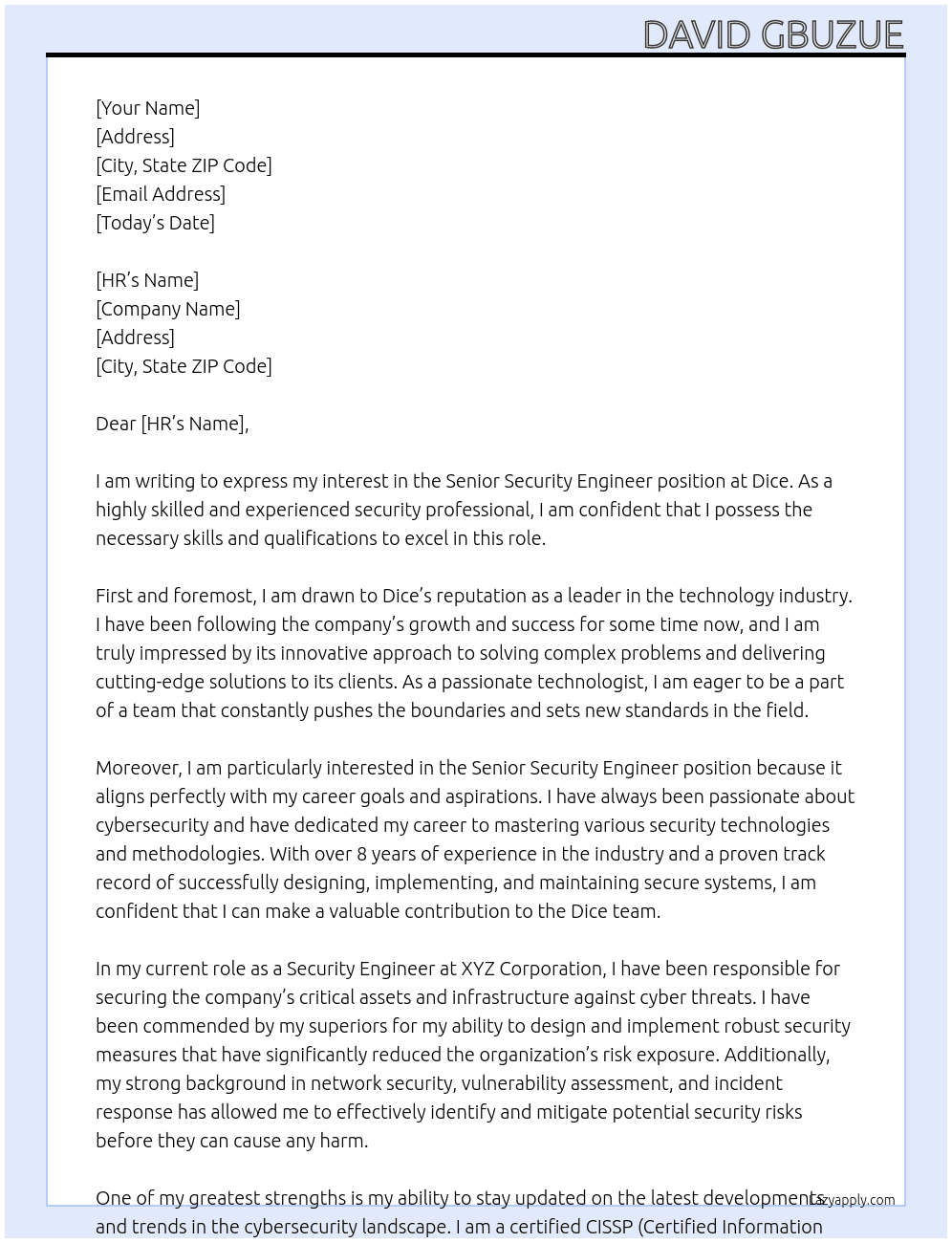 Senior Security Engineer At Dice Cover Letter