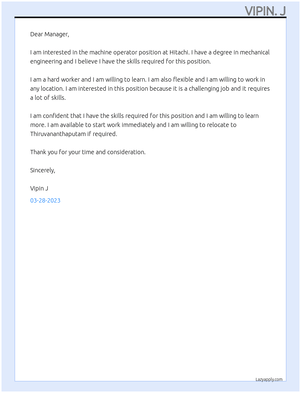 Machine operator At Hitachi Cover Letter