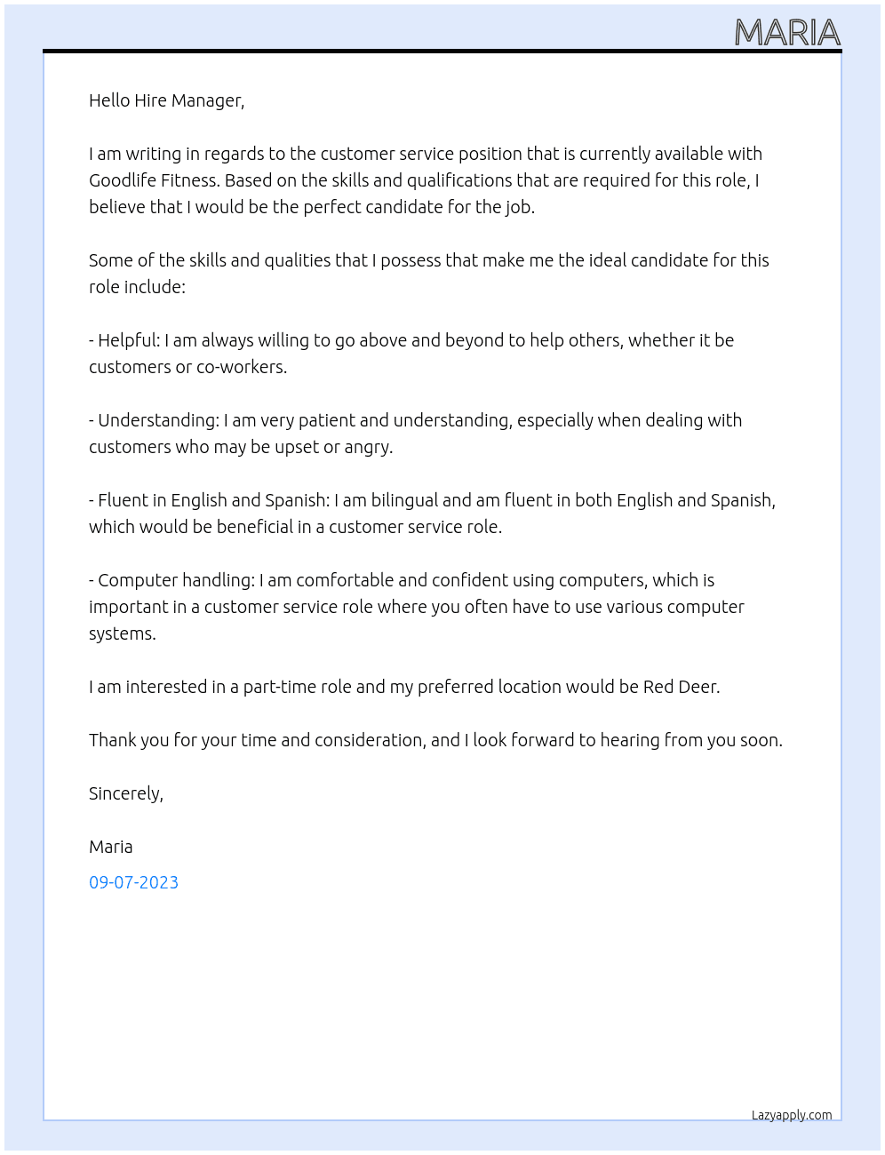 Customer Service  At Goodlife Fitness Cover Letter