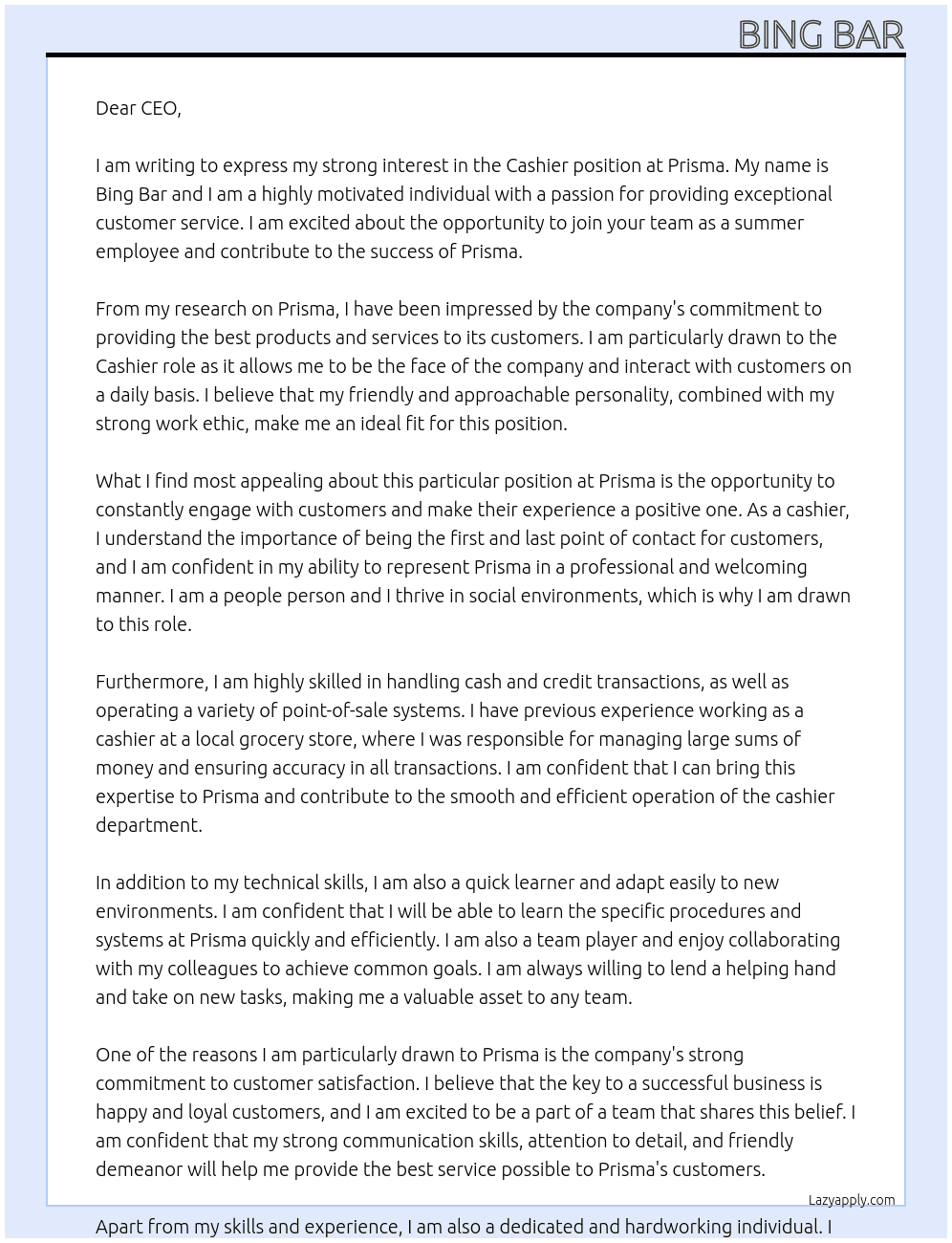 Cashier At Prisma Cover Letter