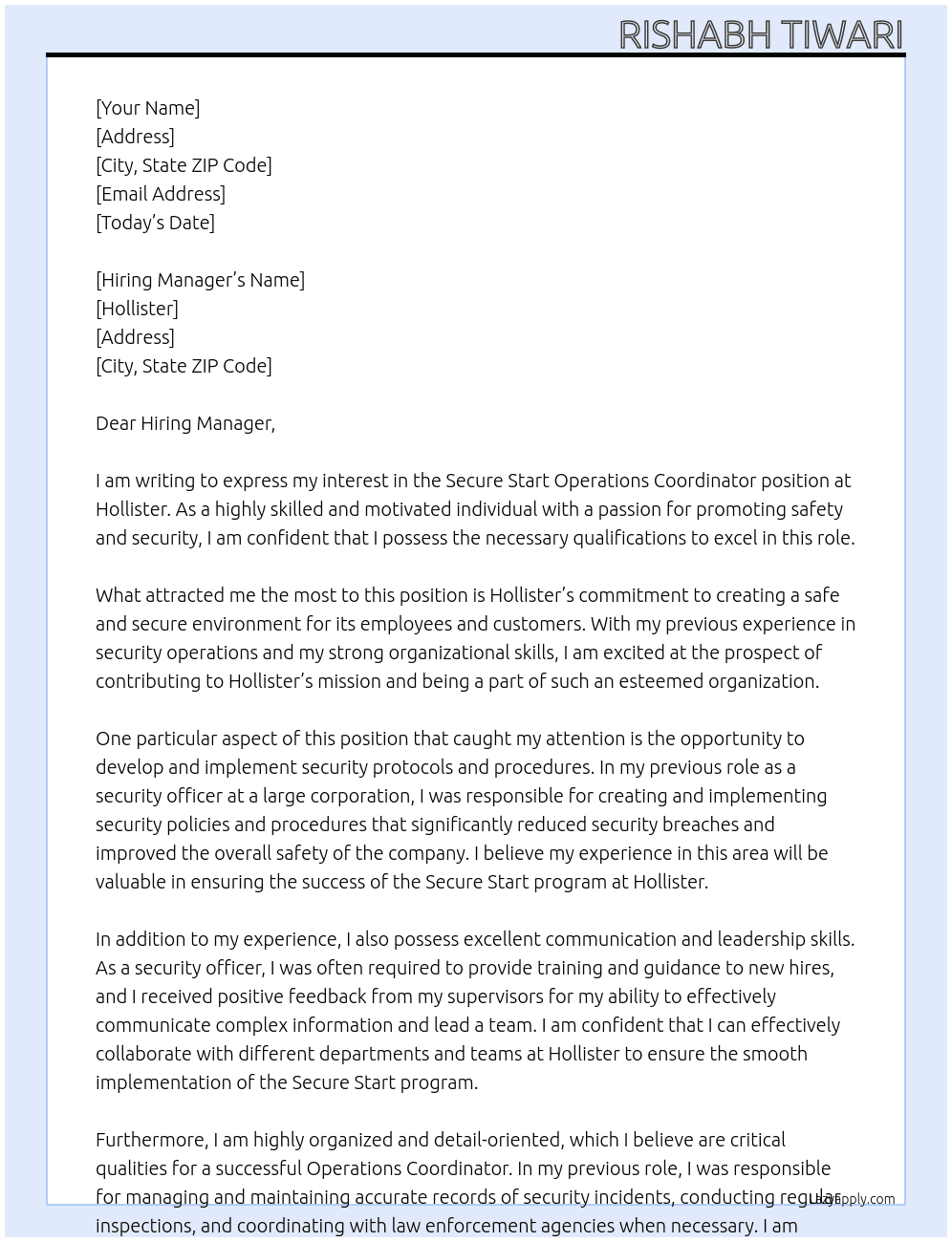 Secure Start Operations Coordinator  At Hollister Cover Letter