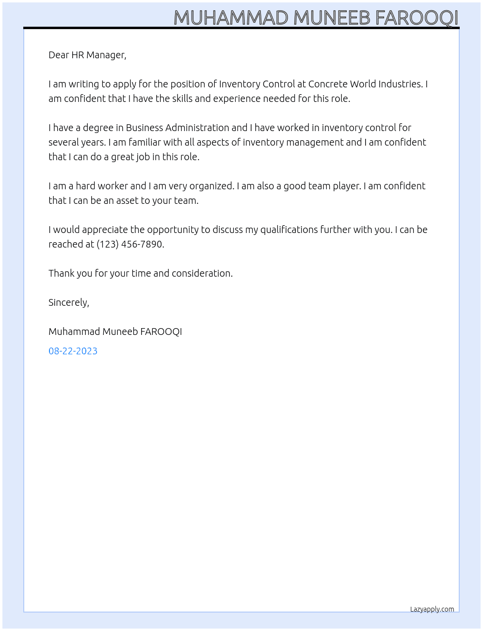 Inventory control  At Concrete world industries  Cover Letter