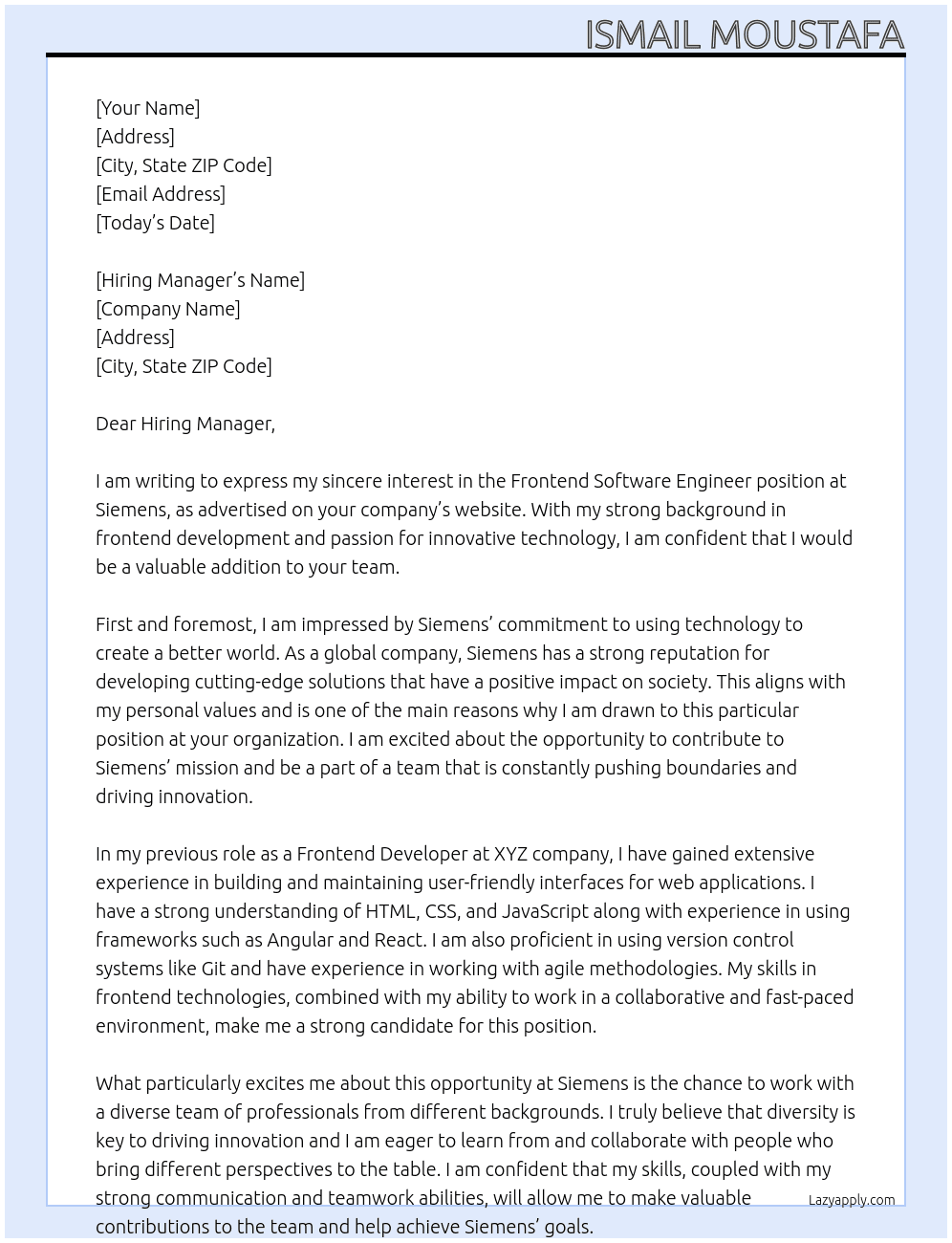 Frontend Software Engineer At Siemens Cover Letter