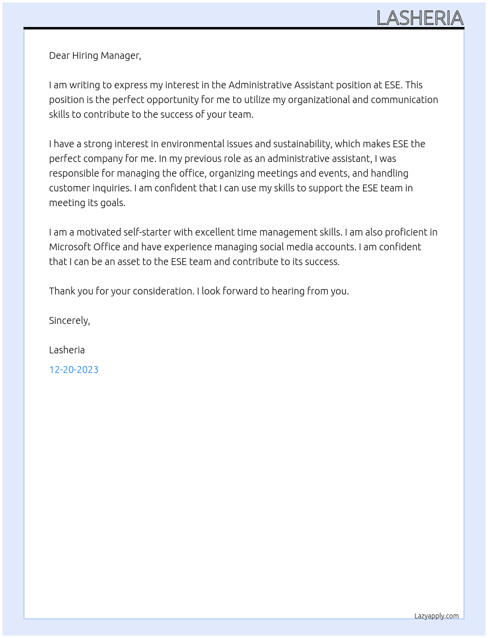 administrative Assistant At ESE Cover Letter
