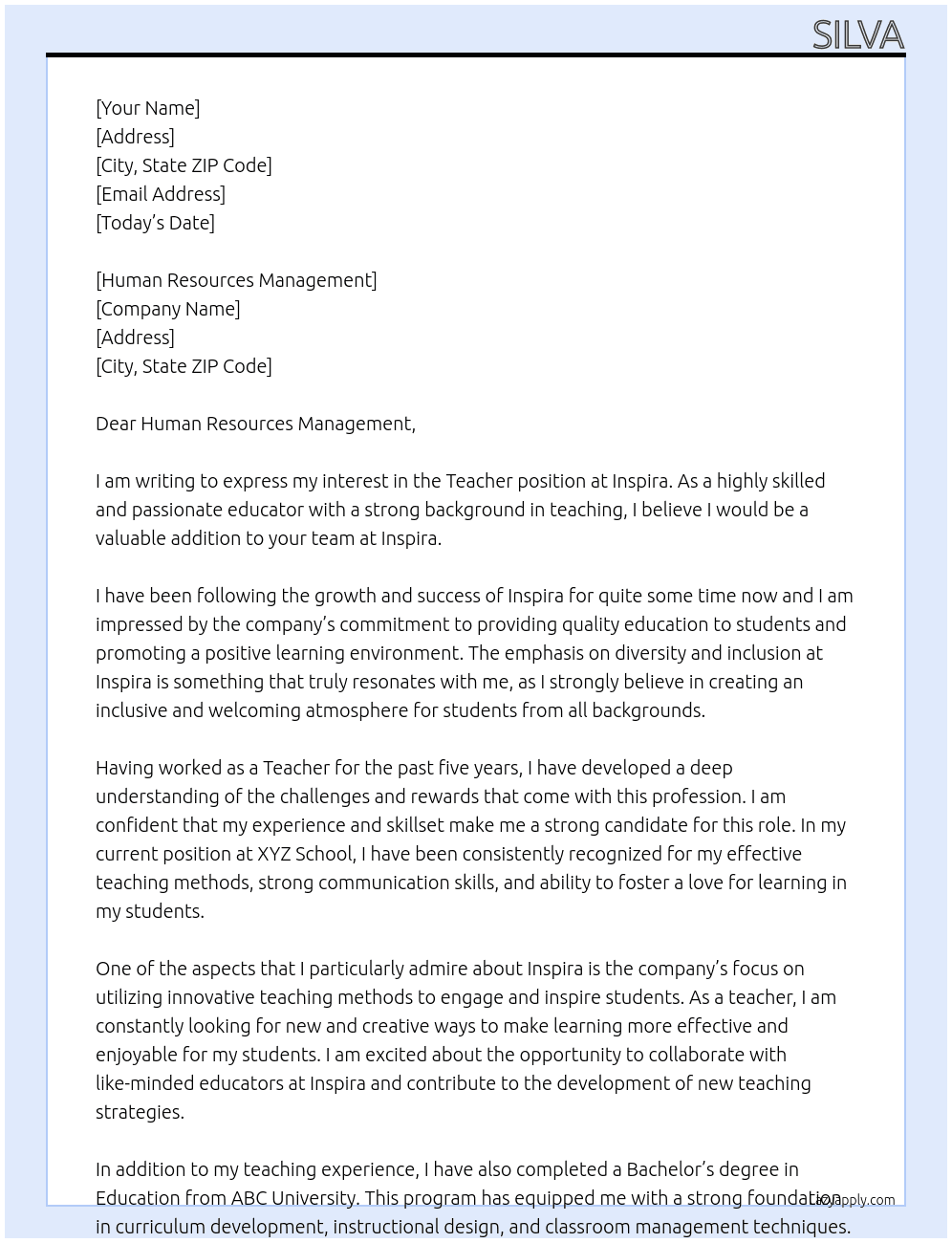 Teacher  At Inspira Cover Letter