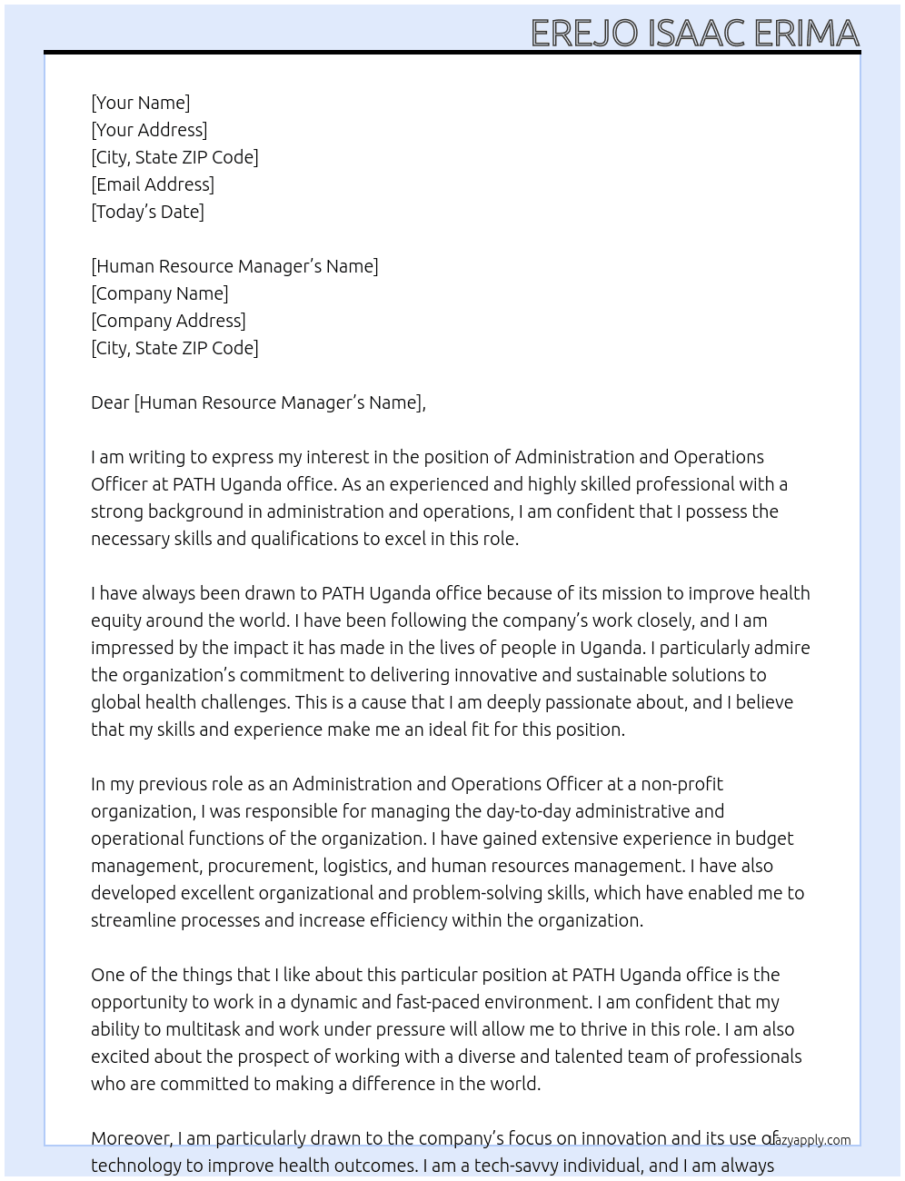 Administration and Operations officer  At PATH Uganda office  Cover Letter