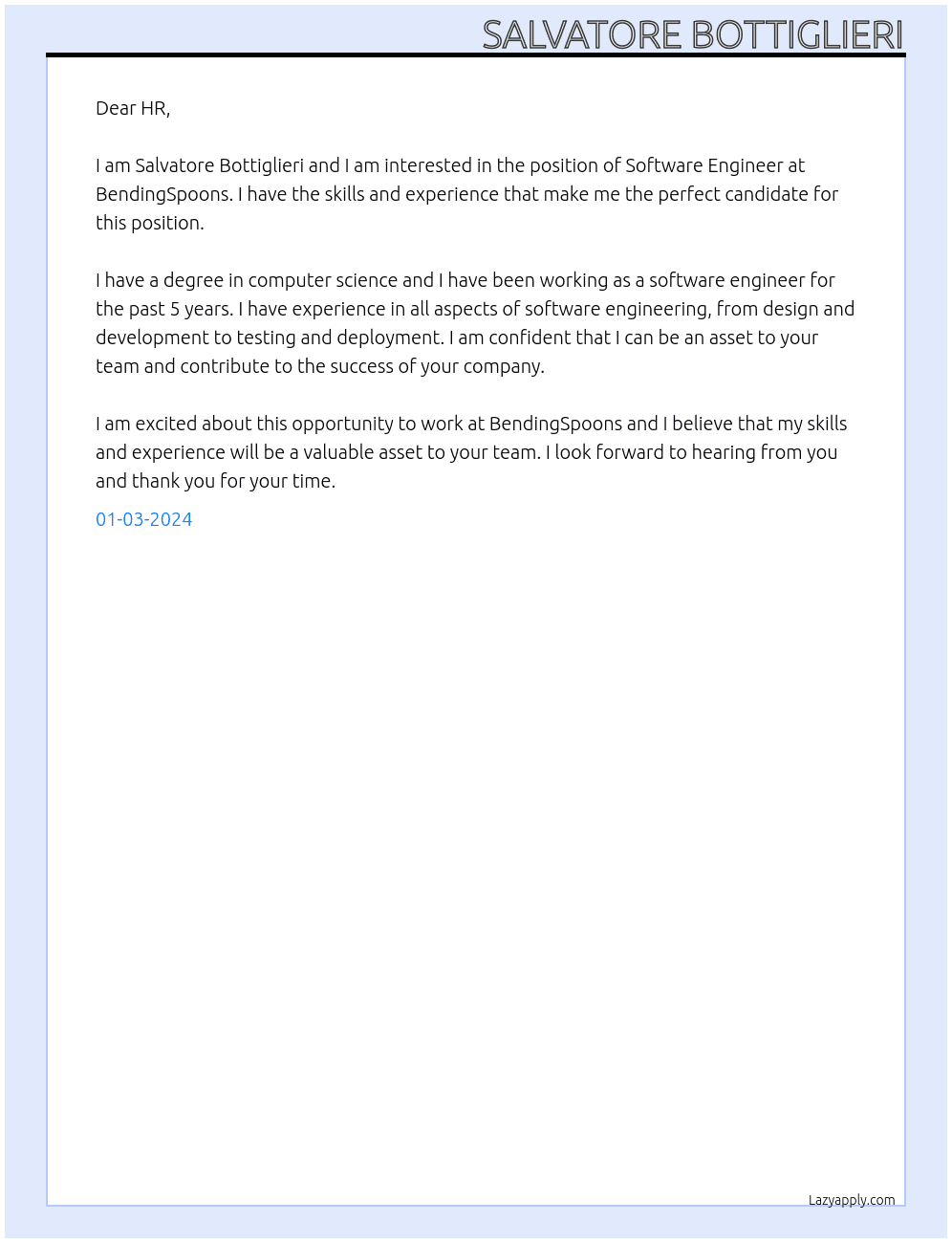 Software Engineer At BendingSpoons Cover Letter