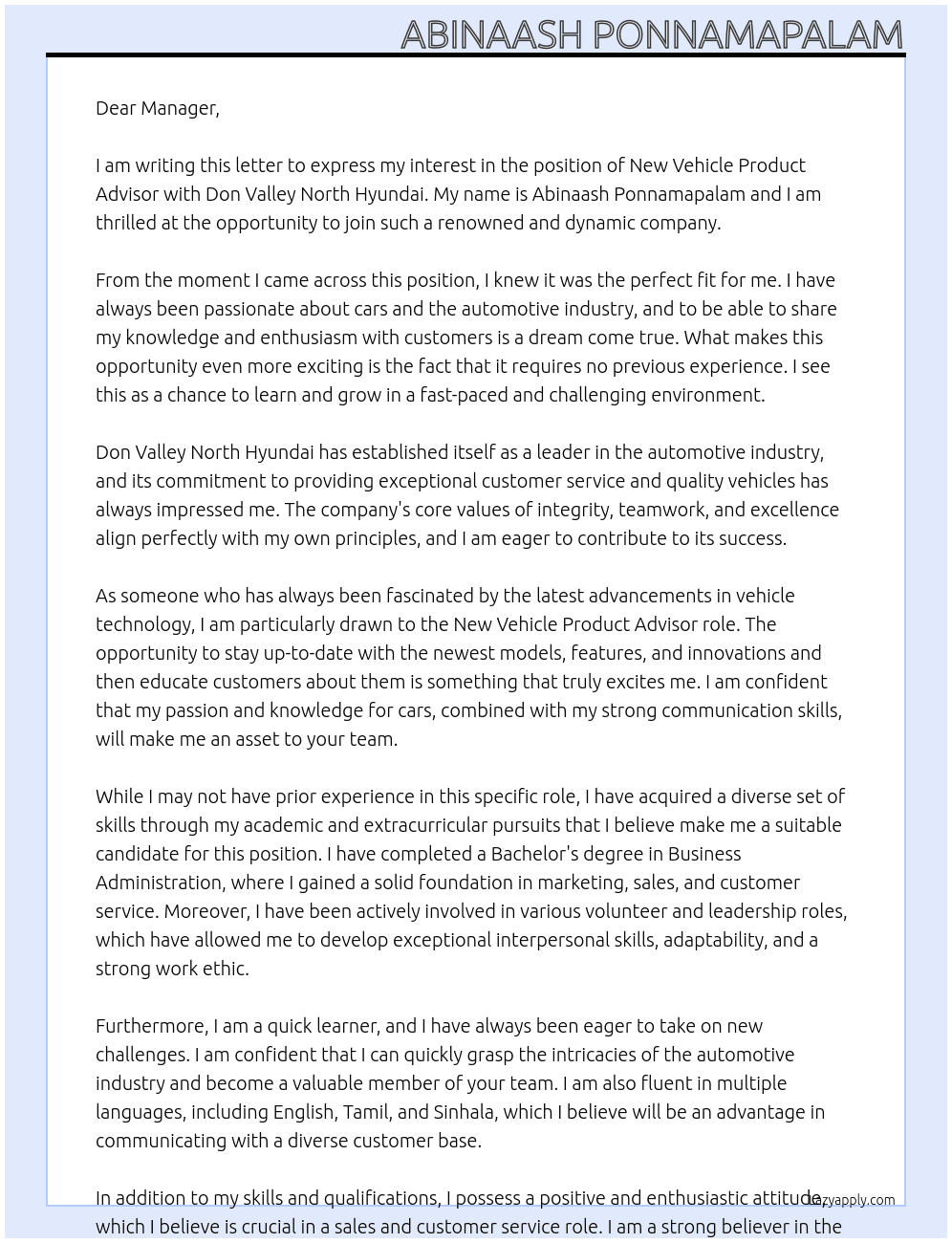  New Vehicle Product Advisor With No Experience  At Don Valley North Hyundai Cover Letter