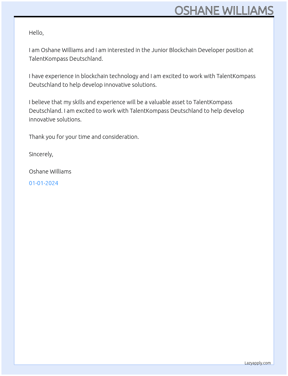 Junior Blockchain Developer At TalentKompass Deutschland Cover Letter