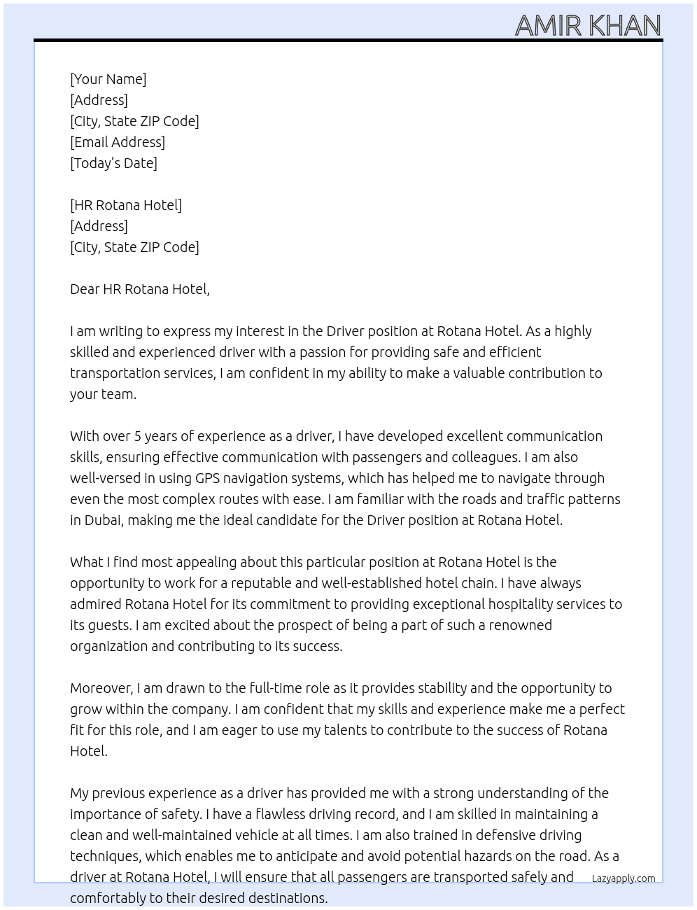 Driver At Rotana hotel Cover Letter