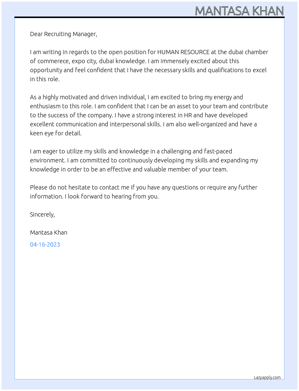 HUMAN RESOURCE At dubai chamber of commerece, expo city, dubai knowledge Cover Letter