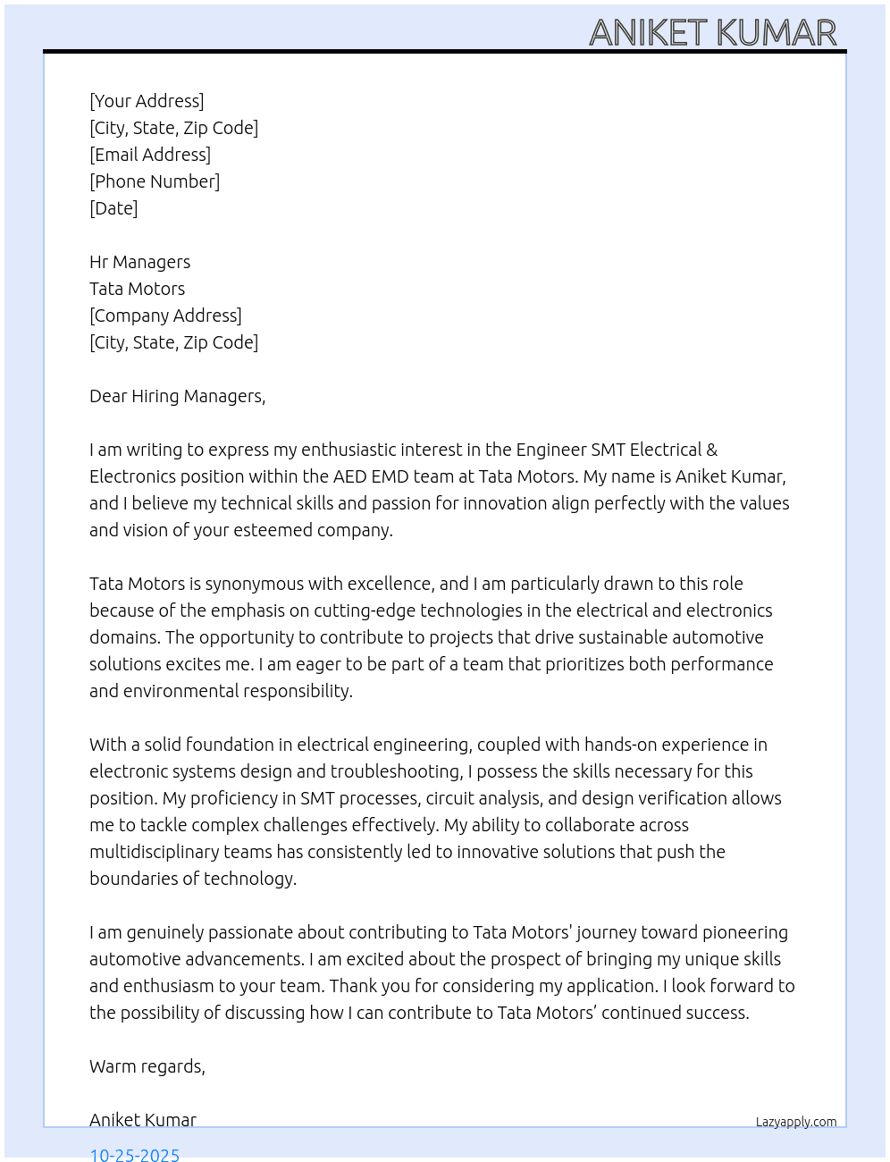 Engineer SMT Electrical & Electronics -AED EMD At Tata motors Cover Letter