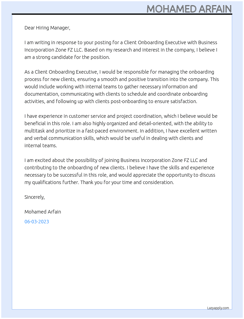 Client Onboarding Executive At Business Incorporation Zone FZ LLC Cover Letter
