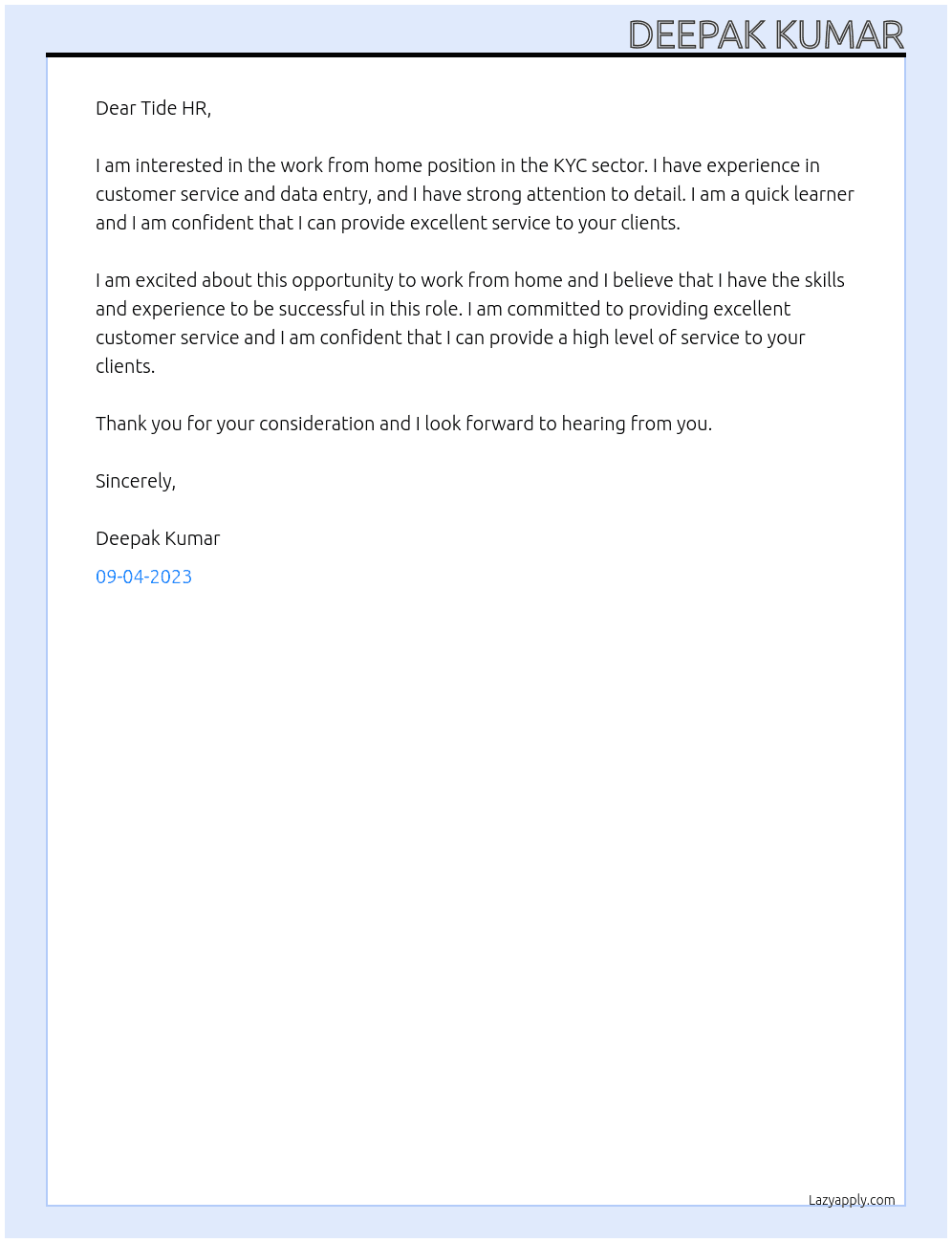 Work from home in kyc sector  At Tide.co Cover Letter