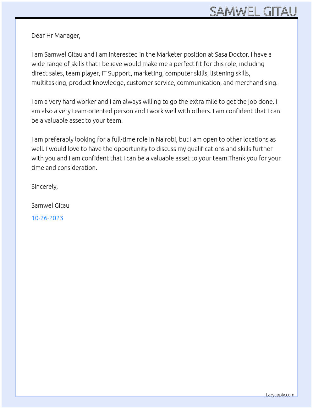 Marketer  At Sasa Doctor Cover Letter