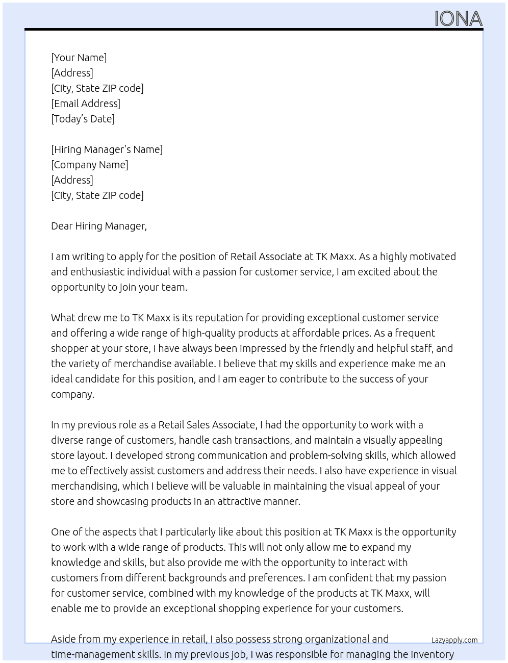 Retail Associate At TK Maxx Cover Letter