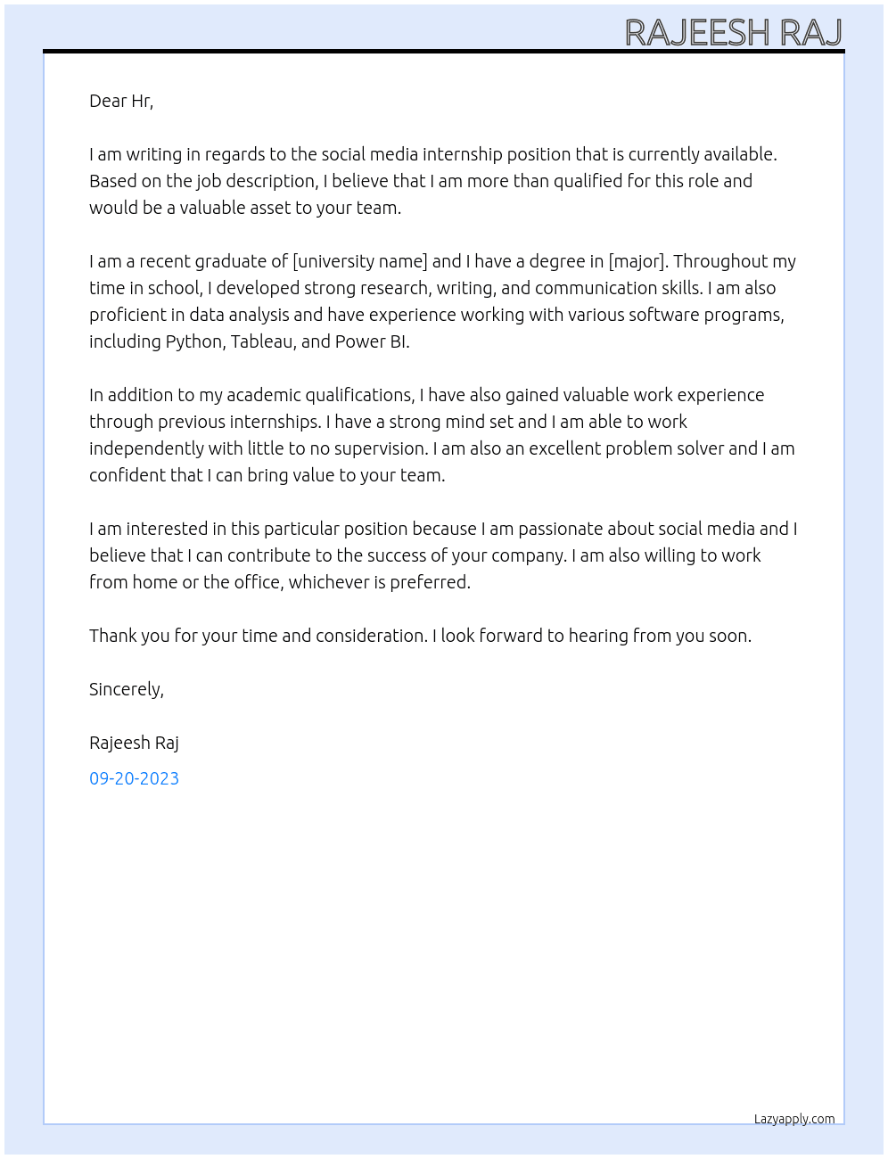 Social media internship At Junior quality tester Cover Letter