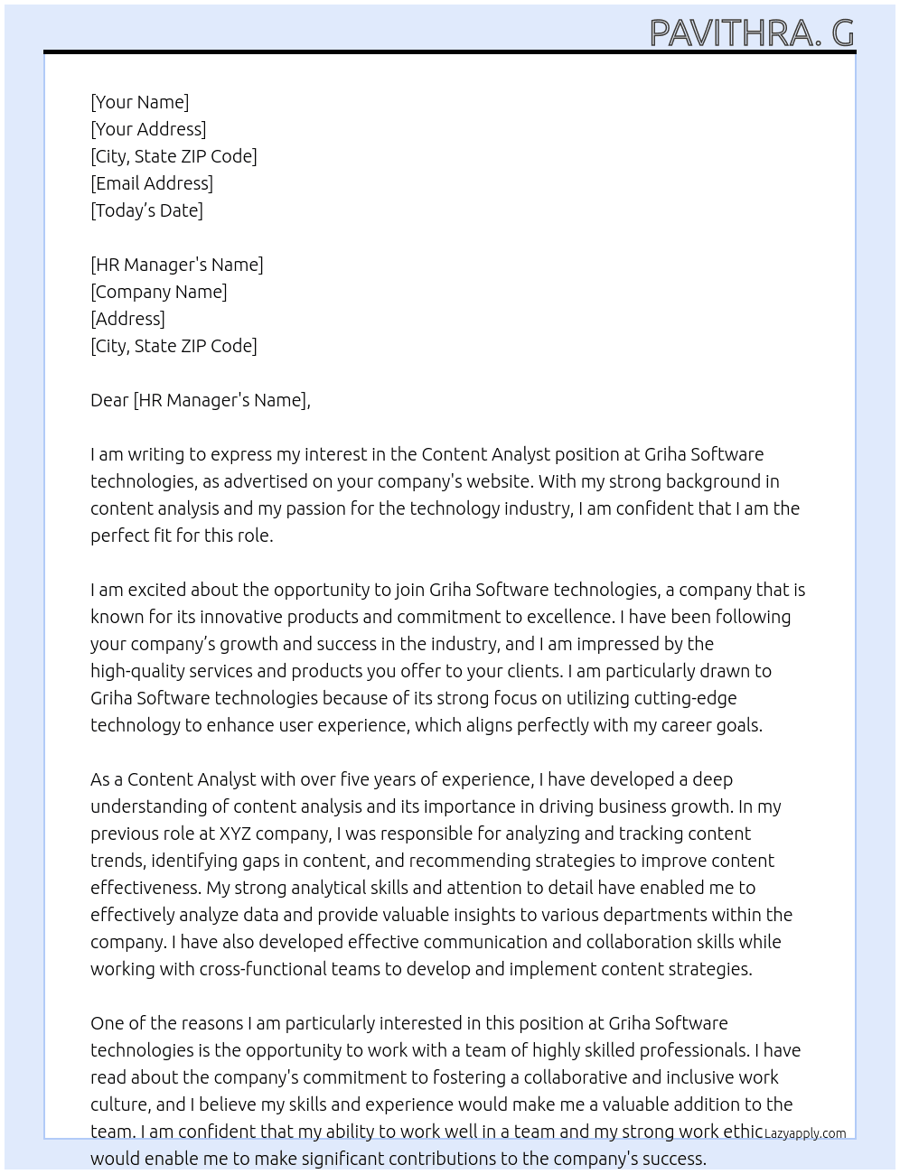 Content Analyst  At Griha Software technologies  Cover Letter