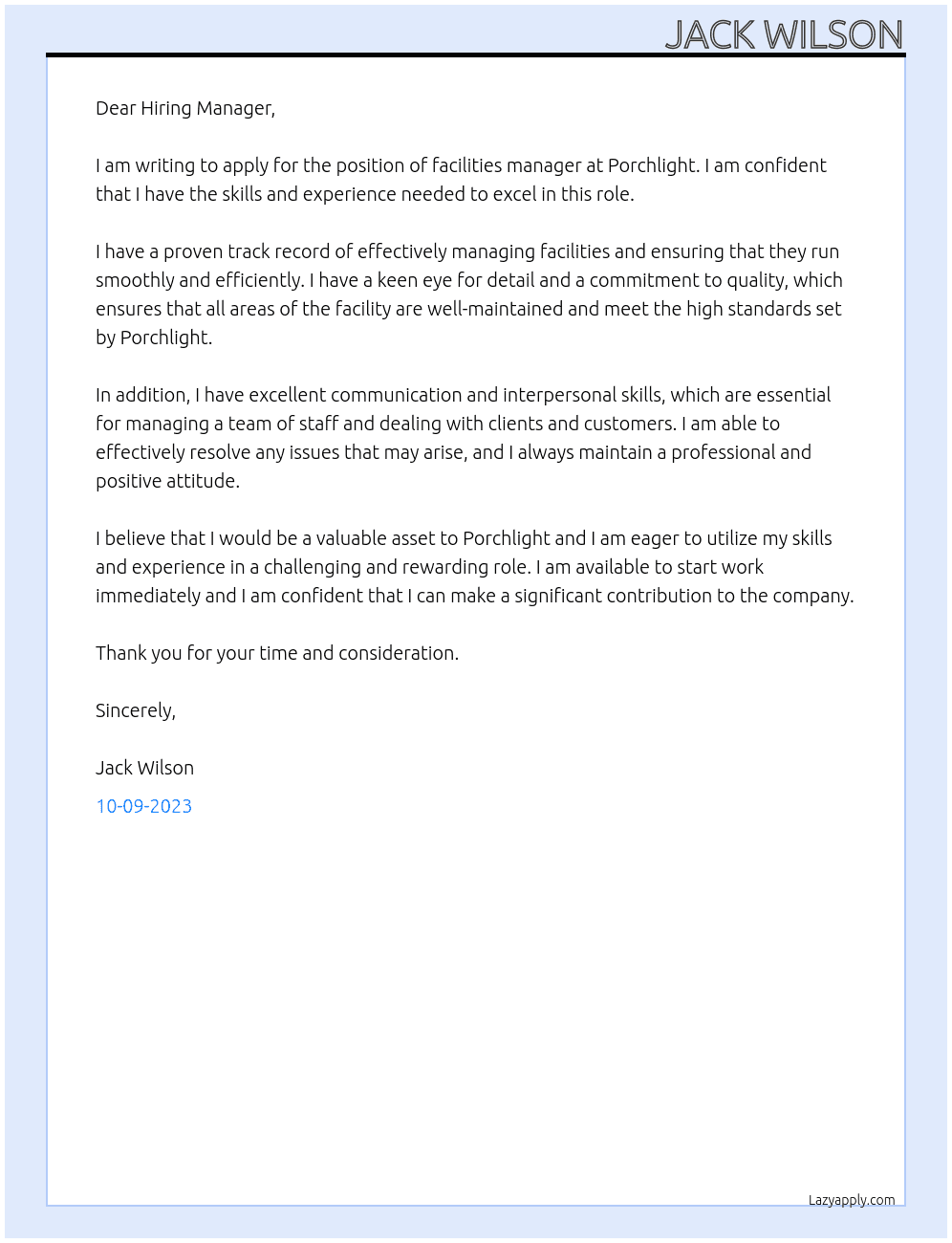 facilities manager At porchlight Cover Letter