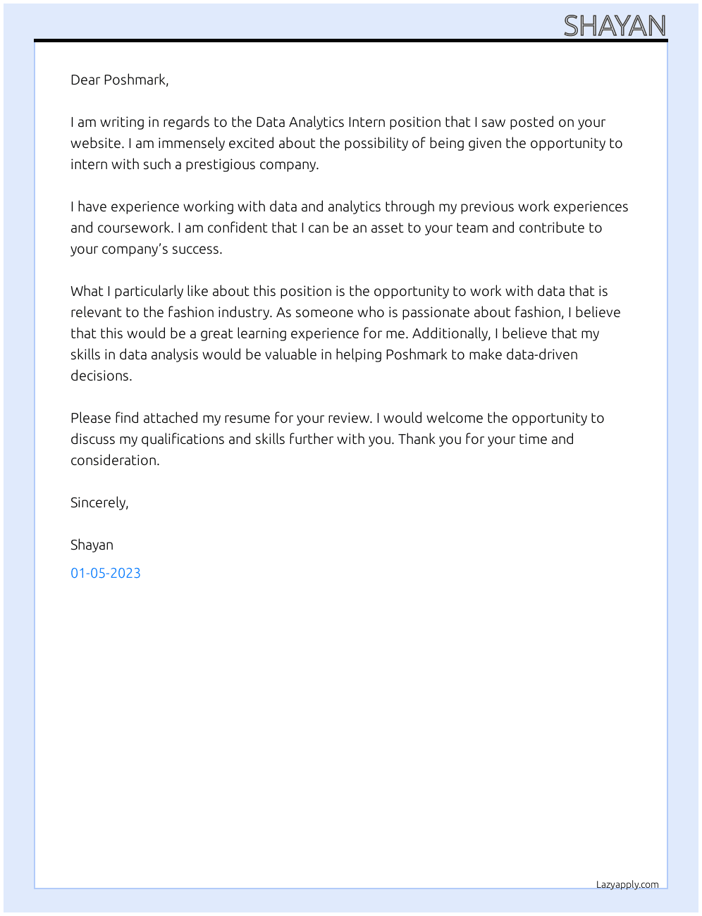 Data Analytics Intern At Poshmark Cover Letter