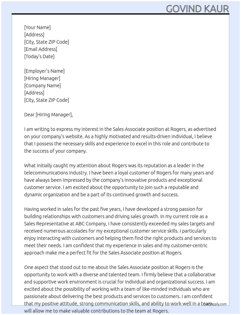 sales associate At Rogers Cover Letter