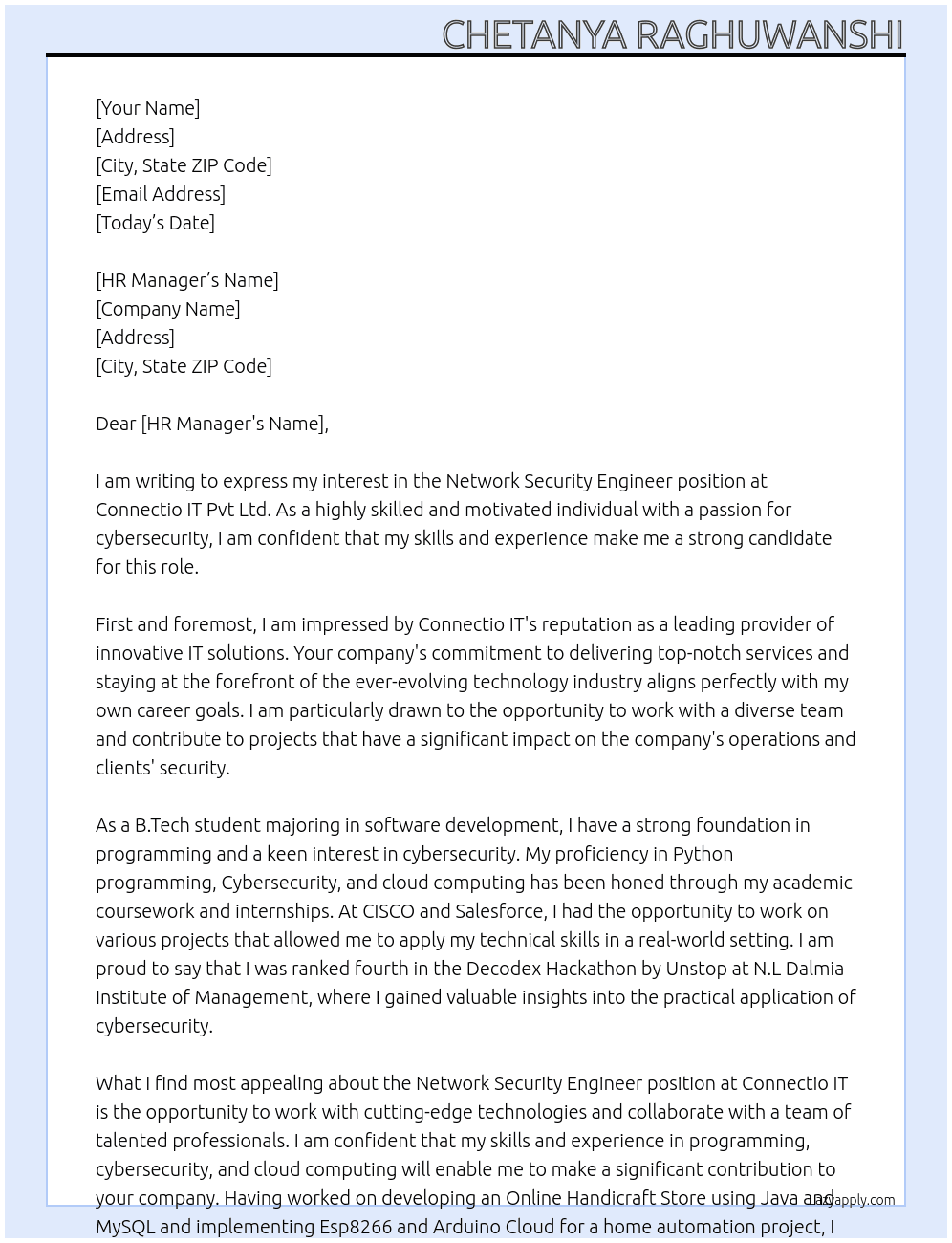 Network Security Engineer At Connectio  it PVT lTd Cover Letter