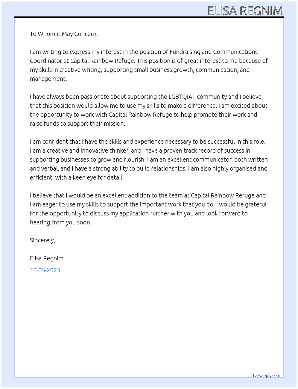 Fundraising and Communications Coordinator At Capital Rainbow Refuge Cover Letter