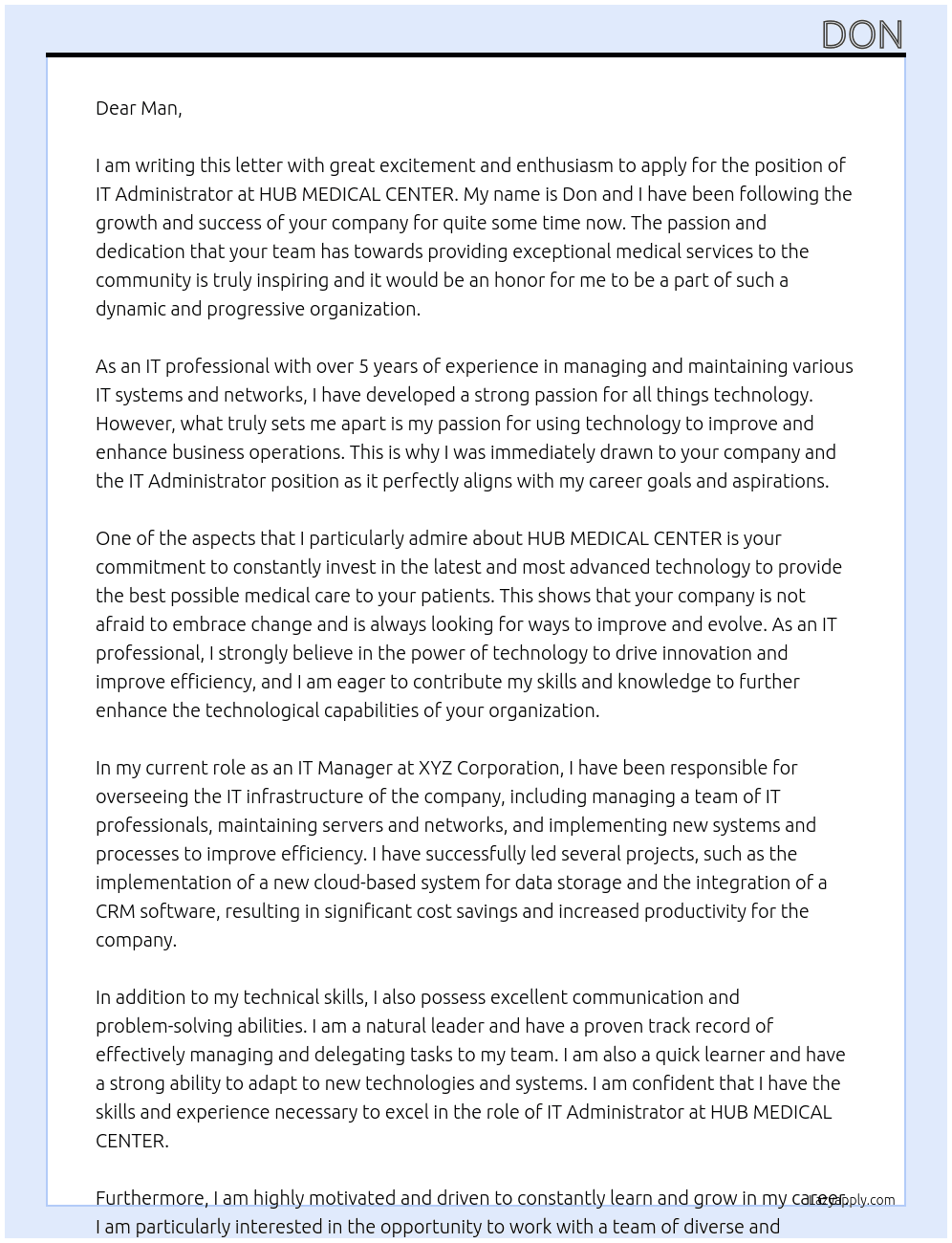 IT Administrator At HUB MEDICAL  CENTER Cover Letter