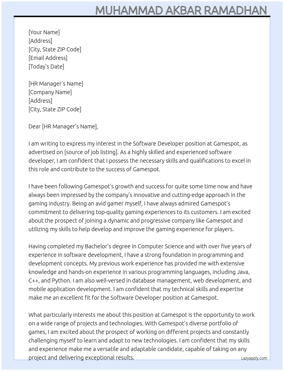 Software developer  At Gamespot  Cover Letter