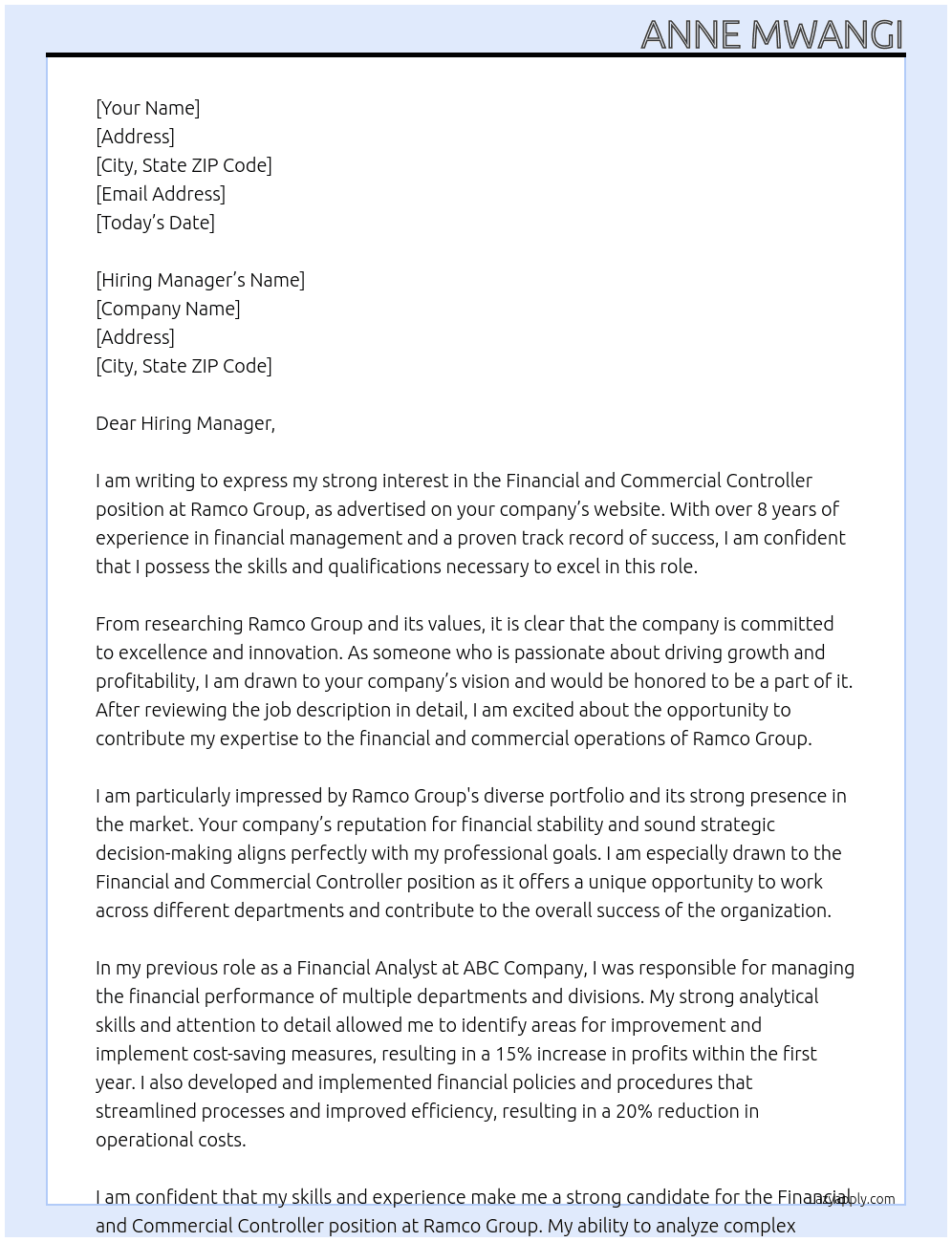 Financial and commercial controller At Ramco Group Cover Letter