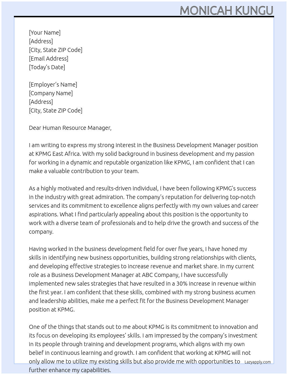 Business Development Manager At KPMG East Africa Cover Letter