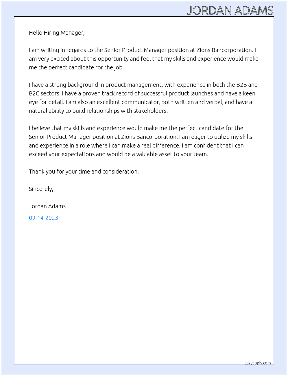 Senior Product Manager At Zions Bancorporation Cover Letter
